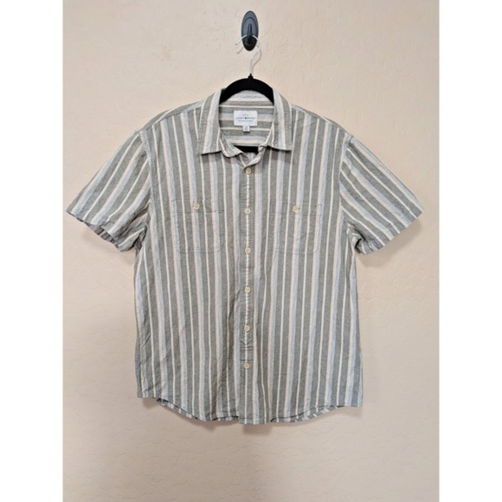 Lucky Brand Mens Large Green Tan Striped Short Sleeve‎ Cotton Button Down Shirt